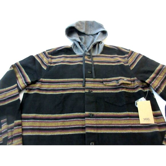 Vans Other - Vans Men's Camping Rug Hooded Button Front Shirt Black Striped Size XL NWT